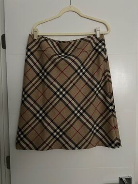 Burberry Beige Plaid A-Line Skirt with Black and Red Accents